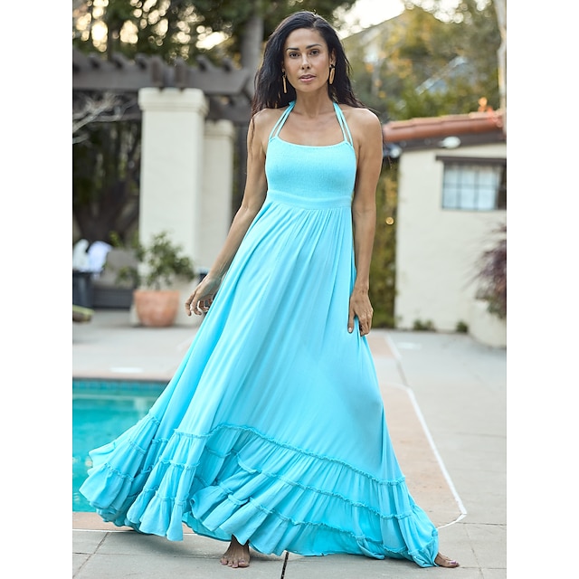  Vestido maxi resort feminino com cintura franzida azul elegante frente única gola cami vestido maxi saída de praia