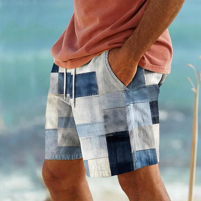  Bloque de color a cuadros Resort para hombre Pantalones cortos con estampado 3D Bañador Cintura elástica Cordón con forro de malla Aloha Estilo hawaiano Vacaciones en la playa S a 3XL