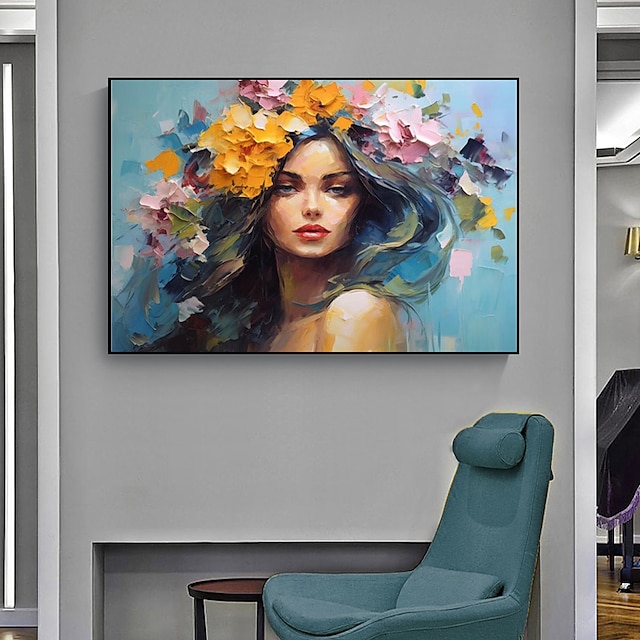  דיוקן אישה עם פרחים צבעוניים על ראשה צבוע ביד פרחוני אישה דיוקן קיר אמנות אישה מקסימה פרחים ראש קיר עיצוב ללא מסגרת