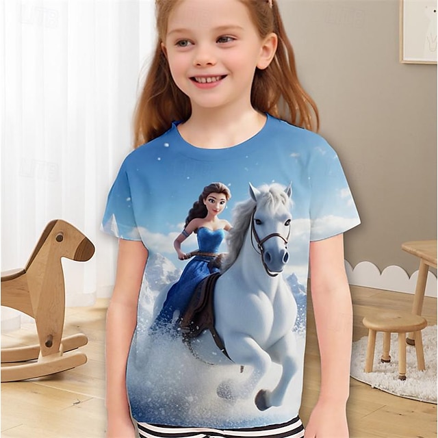  3D-Prinzessin-T-Shirt für Mädchen, kurzärmelig, 3D-Druck, Sommer, aktiv, modisch, niedlich, Polyester, Kinder 3–12 Jahre, Rundhalsausschnitt, Outdoor, lässig, täglich, normale Passform