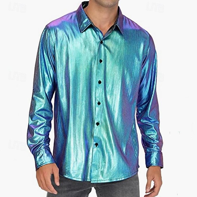  Herren Knopfhemd Lässiges Hemd Waffel-Shirt Blau Langarm Glatt Laser Kargen Hawaiianisch Festtage Button-Down Bekleidung Modisch Brautkleider schlicht Komfortabel