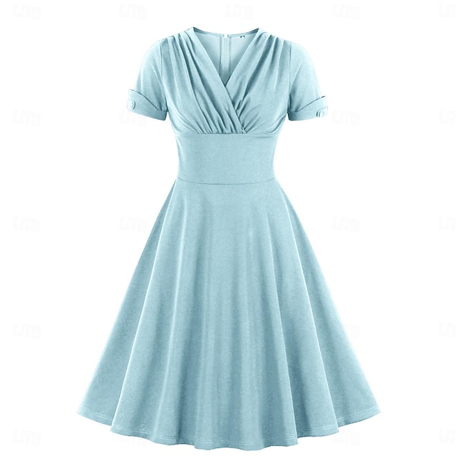 Retro Vintage 1950s Kleid A-Linie Kleid Swing-Kleid Mittag Damen Feste Farbe V Ausschnitt Party Verabredung Kleid