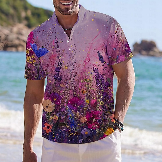  kukkagrafiikka miesten lomakeskustyyli 3d-painettu henley-paita nappipaita paita rento paita päivittäinen kuluminen loma menossa kevät & kesä seisomakaulus lyhythihainen keltainen, violetti, oranssi s, m, t-paita