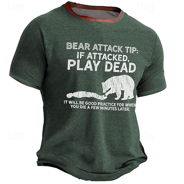  Bear Attack Tip If Attacked Play Dead Men's Street Style 3D Print T shirt Tee Sports Outdoor Holiday Going out T shirt Navy Blue Army Green Dark Blue Short Sleeve Crew Neck Shirt Spring & Summer