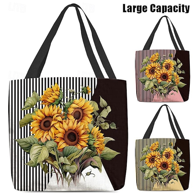  Women's Tote Shoulder Bag Canvas Tote Bag Polyester Shopping Daily Holiday Print Large Capacity Foldable Lightweight Sunflower Striped White Yellow Pink