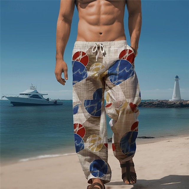  bloc de culoare geometrie stațiune bărbați pantaloni casual imprimați 3d pantaloni cu șnur elastic în talie pantaloni de plajă de vară cu picioare drepte de la s la 3xl