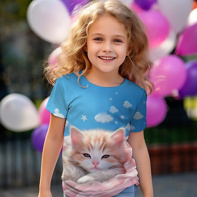  Dla dziewczynek 3D Kot T-shirt Koszula Różowy Krótki rękaw Druk 3D Lato Aktywny Moda Śłodkie Poliester Dzieci 3-12 lat Półgolf Na zewnątrz Codzienny Regularny