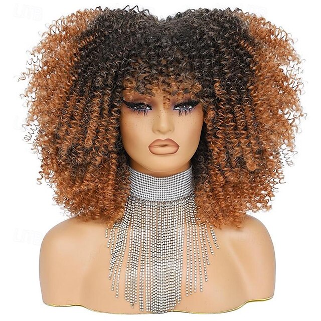  16-calowa peruka kręcona z grzywką Afro peruki kręcone dla czarnych kobiet peruka afro perwersyjne włókno syntetyczne bezklejowe pełna i puszysta długa peruka z kręconymi włosami dla kobiet mody
