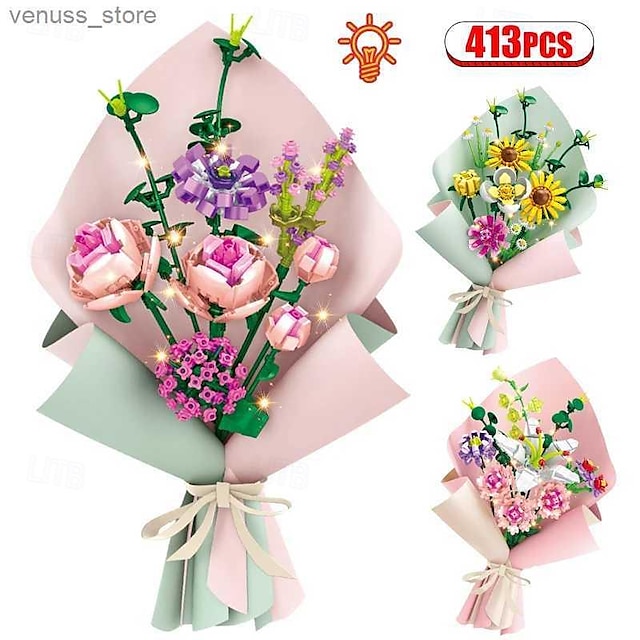  Подарочные блоки на женский день, светодиодные цветы, роза, строительный блок, лампа, букет, мелкие частицы, совместимые с собранным цветочным праздничным подарком, игрушки серии Rose, r231208,