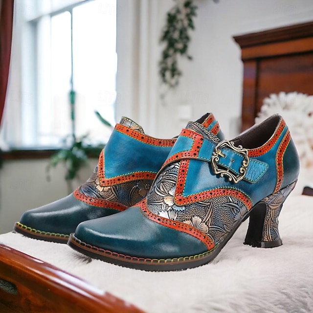  Γυναικεία Τακούνια Γόβες Χειροποίητα Παπούτσια Vintage παπούτσια Πάρτι Καθημερινά Φλοράλ Γατίσιο Τακούνι Τακούνι φαντασίας Στρογγυλή Μύτη Κομψό Βίντατζ Δέρμα Νάιλον ταινία Μπλε