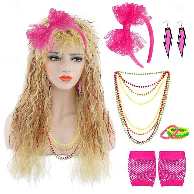  Perucă de costum din anii '80 pentru femei perucă de rocker lungă ondulată blondă cu nuanțe roșiatice carnaval (doar peruci) peruci de Halloween