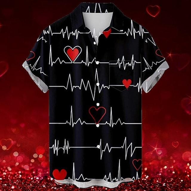  Saint Valentin coeur romantique complexe pour hommes hawaïen chemise imprimée en 3D boutonné à manches courtes été vacances à la plage vêtements quotidiens s à 3xl