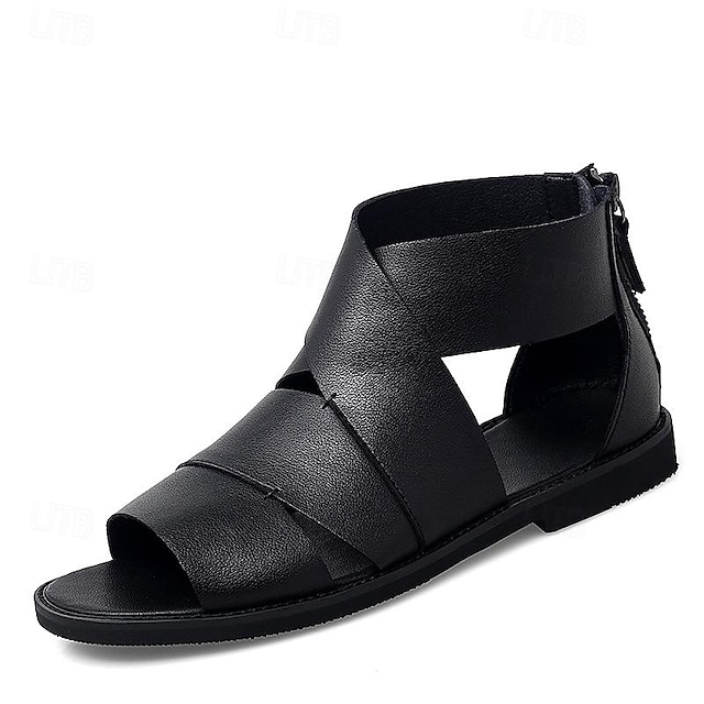  Sandales en cuir pour hommes, sandales de gladiateur, sandales romaines confortables et décontractées, chaussures de plage à fermeture éclair, noires, été
