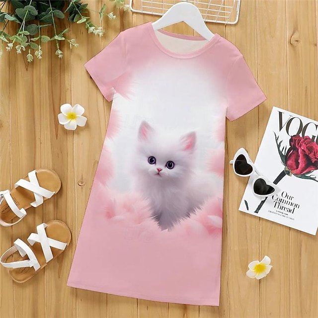  Пижама с 3d котом для девочек, ночная рубашка, розовая, с короткими рукавами, с 3d принтом, летняя, активная, модная, милая, из полиэстера, для детей от 3 до 12 лет, с круглым вырезом, для дома,