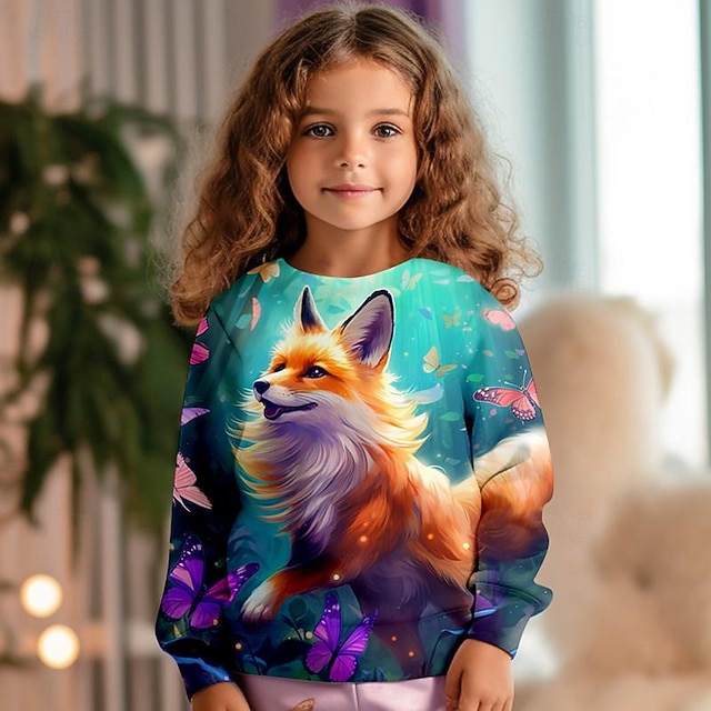  felpa con volpe 3D da ragazza pullover rosa manica lunga stampa 3D primavera autunno moda attiva carino poliestere bambini 3-12 anni con cappuccio all'aperto casual quotidiano vestibilità classica