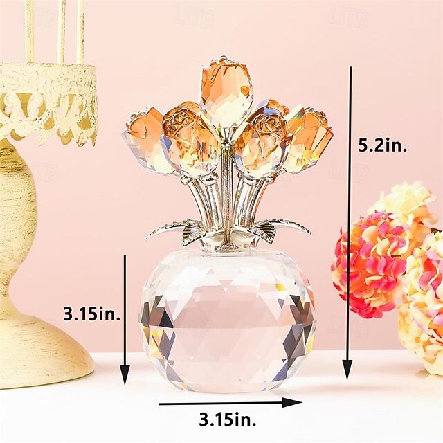 H&D HYALINE & DORA Kristallen Rode Roos Beeldje Collectible Glas Dubbele Rozen Bloemen Boeketten Ornament Zilveren Stengel met Kristallen Vaas Decor voor Thuis Bruiloft Party