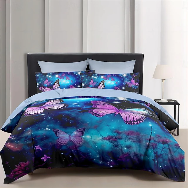 Butterfly Starry Sky Pattern Duvet Cover Set Comforter Set 2/3PCS Luxury Cotton Bedding Set Home Decor Bedding Gift King Queen Full Size 8