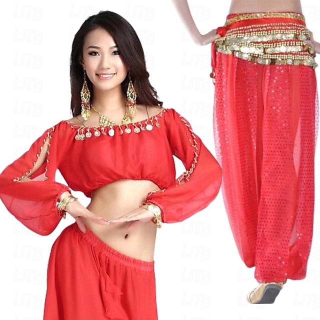  Women Outfits Belly Dance Top Coin Women's Training Long Sleeve 60cm Chiffon with Belly Dance Pants