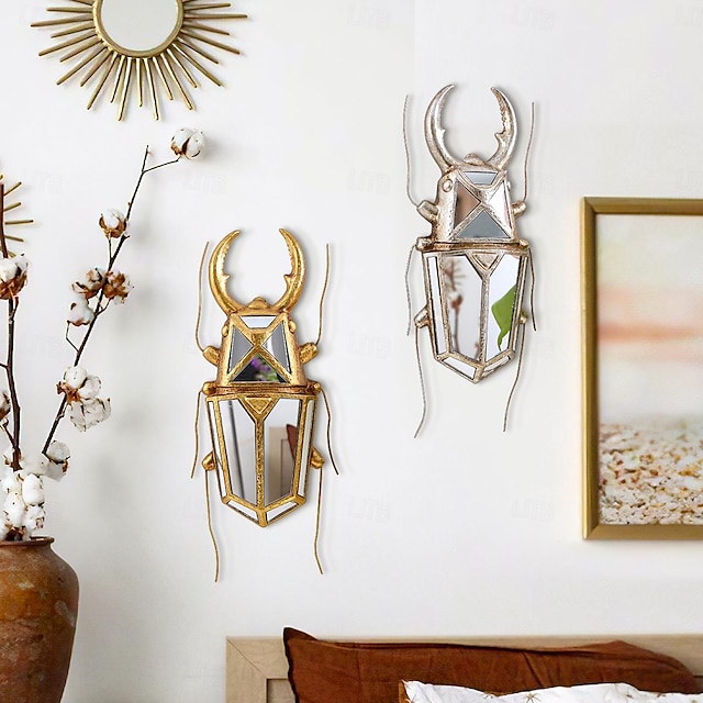  1 pieza de resina creativa, material dorado y plateado, escarabajo unicornio, decoración del hogar, artesanía para colgar en la pared con un diseño especial de superficie con incrustaciones de espejo,