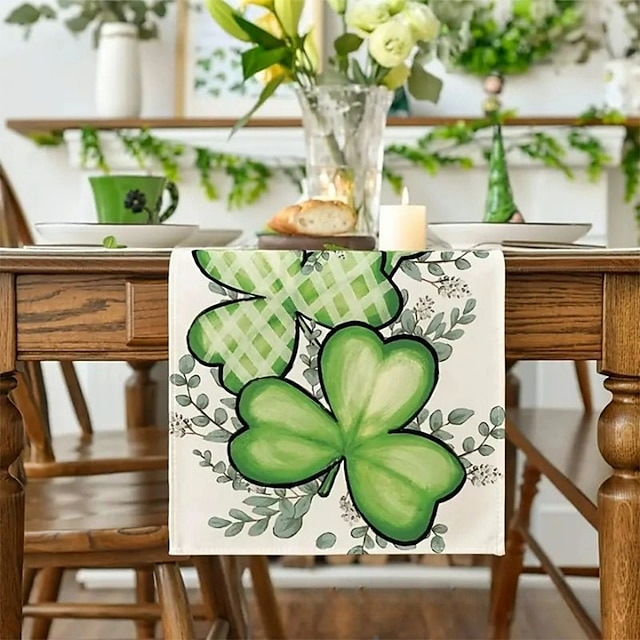  Green Lucky Shamrock St. Patrick's Day Table Runner, Seasonal Spring Holiday Kitchen Dining Table Decoration For Indoor Outdoor Home Party Decor