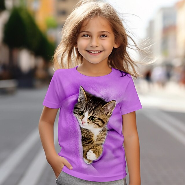 Girls' 3D Cat Tee Shirt Short Sleeve 3D Print Summer Active Fashion