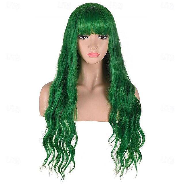  pitkä aaltoileva vihreä peruukki otsatukkalla lämmönkestävät synteettiset hiukset peruukit naisille halloween-asu cosplay-bileet st.patrickin päivän peruukit