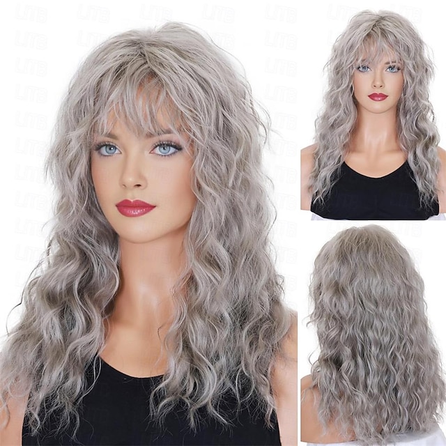  Grey Wigs with Bangs Long Curly Synthetic Wigs for Women Daily Cosplay Party