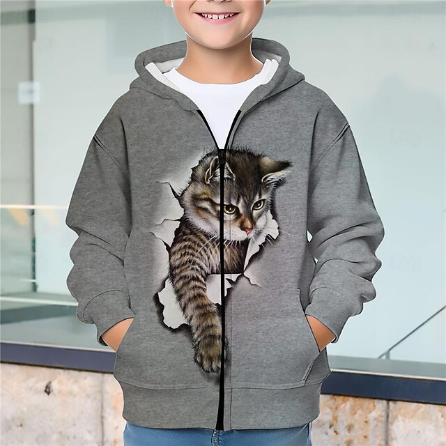  Garçon 3D Chat Sweat à capuche Manteau Pardessus manche longue Automne Hiver Actif Vêtement de rue Frais Polyester Enfants 3-12 ans Fermeture Eclair Plein Air du quotidien Standard