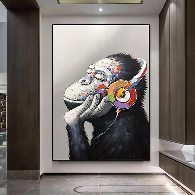  Mintura Handmade Abstract Animal Listen To Music Gorilla Oil Paintings On Canvas Wall Art Decoration Modern Picture For Home Decor Rolled Frameless Unstretched Painting