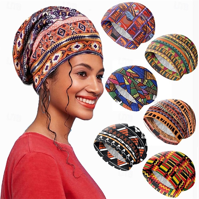  tröja för kvinnor, sovmössa med afrikanskt tryck, dubbla lager färgade inre lager, justerbar elastisk hårskyddshatt