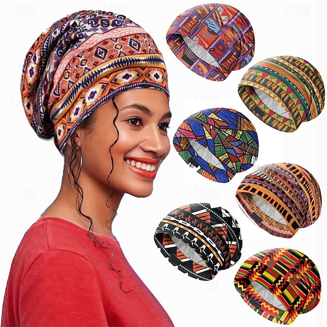  Gorro tipo jersey para mujer, gorro para dormir estampado africano, capa interior de color de doble capa, gorro elástico ajustable para proteger el cabello