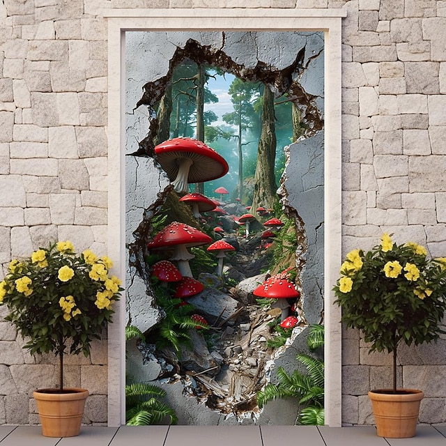 Broken Wall Mushrooms Door Covers Mural Decor Door Tapestry Door ...