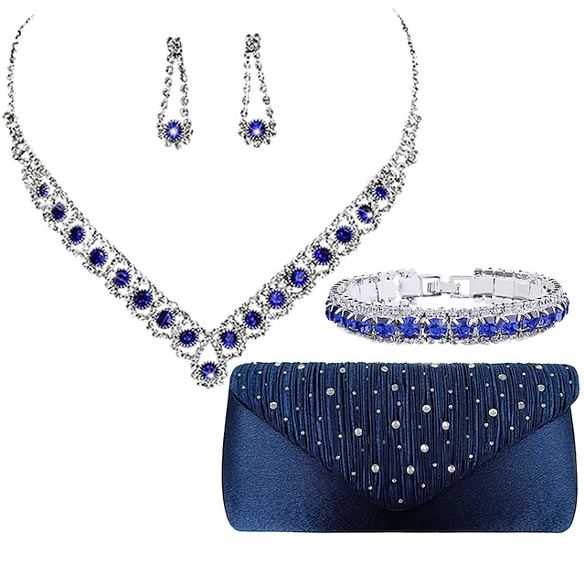  Brautschmuck-Set aus vier blauen Zirkon-Halsketten, Ohrringen, Armbändern, Satin-Heißdiamanten, Handtasche, Dinner-Tasche