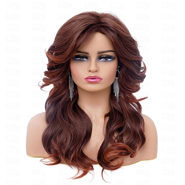  Pelucas vintage rugelyss, peluca marrón oscuro rojizo granate para mujer, pelucas completas sintéticas naturales para disfraz de cosplay de los años 70, peluca de pelo disco