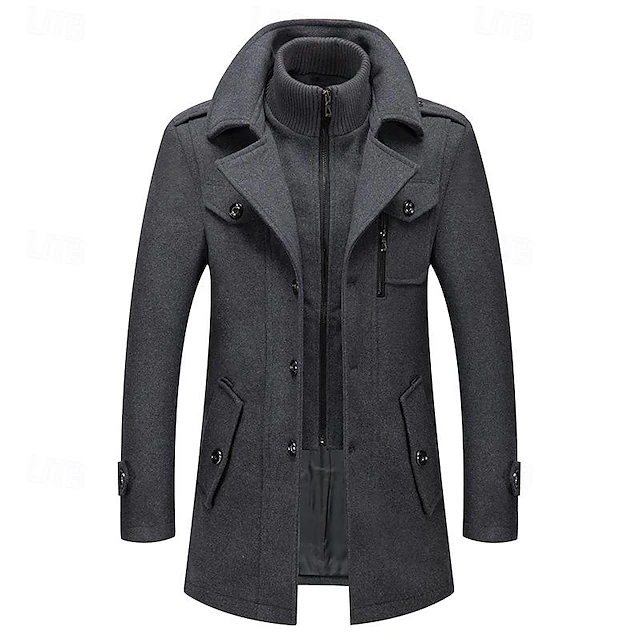 Men's Winter Coat Wool Coat Overcoat Short Coat Outdoor Work Fall & Winter Wool Windproof Warm Outerwear Clothing Apparel Bustiers Essential Solid Colored Rolled collar Single Breasted 18