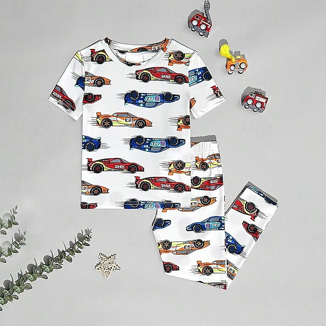  Мальчики 3D Автомобиль Пижамный комплект из футболки и брюк С короткими рукавами 3D печать Лето Весна Осень Активный Мода Повседневные Полиэстер Дети 3-12 лет Вырез под горло