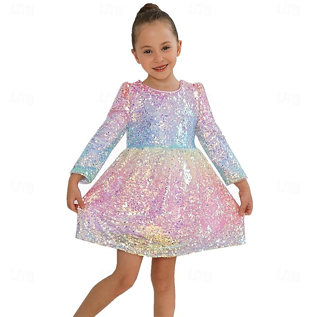  dziewczynka maluch ombre pastelowy gradientowy połyskujący kolorowa cekinowa sukienka urodzinowa dla gościa weselnego