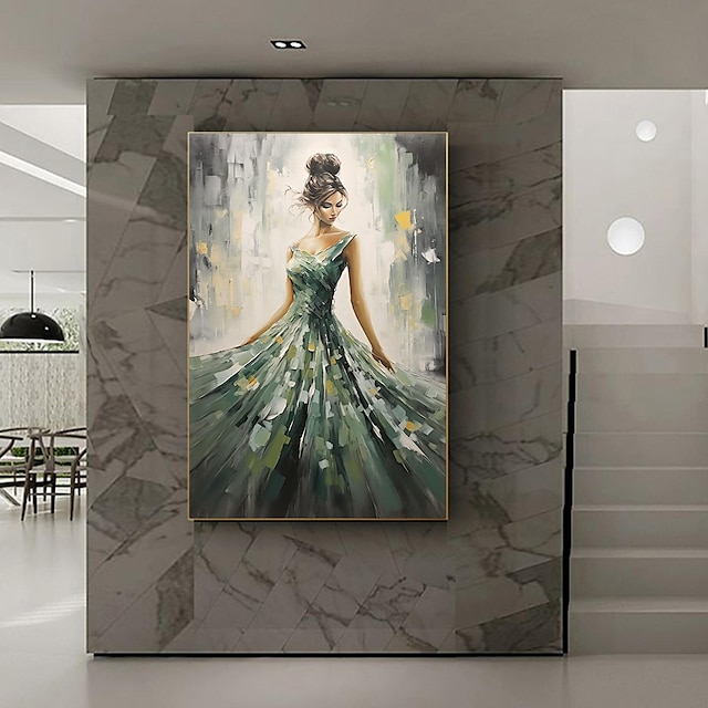  Handmade Original Dancing Girl Oil Painting On Canvas Wall Art Decor Abstract Art Green Painting for Home Decor With Stretched Frame/Without Inner Frame Painting