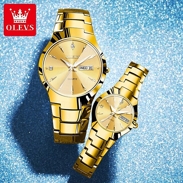  OLEVS 8697 Couple Watch Quartz Rhombus Mirror Quartz Watch for Lovers Waterproof Luminous Stainless Steel Wristwatch Date Week