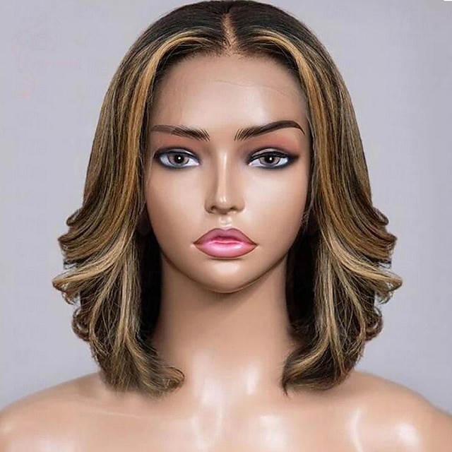  Cabelo humano remy 13x4 Lace Front Peruca Bob curto Cabelo Brasileiro Ondulado Multi Cores Peruca 130% 150% Densidade do Cabelo Cabelo com Luzes / Reflexos 100% Virgem Para perucas para mulheres