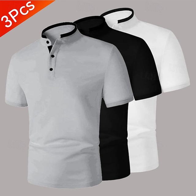  Multi Packs 3pcs Men's Stand Collar Short Sleeve Brown+Grey+Pink Polo Golf Shirt Golf Polo Splice Color Block Daily Wear Vacation Polyester Summer