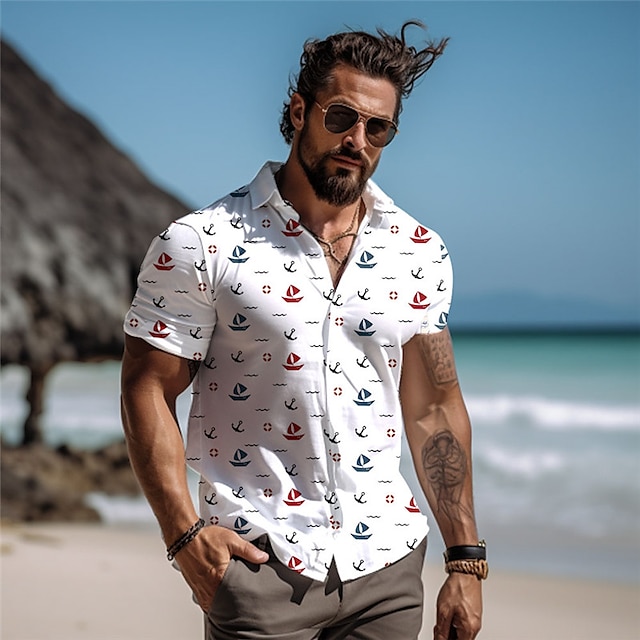  סירת מפרש לגברים נופש הוואי חולצה מודפסת תלת מימד כפתור עם שרוולים קצרים חולצת חוף קיץ חופשה ללבוש יומי s to 3xl