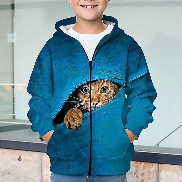  Pojkar 3D Katt Huvtröja Kappa Ytterkläder Långärmad Höst Vinter Aktiv Streetwear Häftig Polyester Barn 3-12 år Blixtlås Gata Dagligen Normal