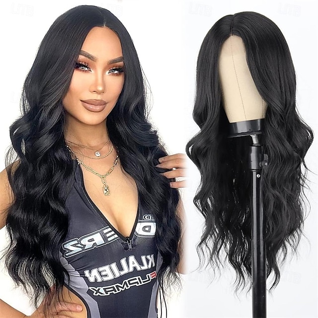  Long Black Wigs for Women 26 Inch Long Curly Wig Natural Looking Synthetic Heat Resistant Fiber Black Wavy Wig for Daily Party Use