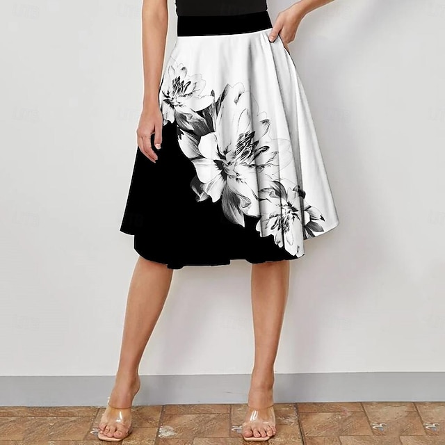  Femme Jupe Trapèze Balançoire Mi-long Taille haute Jupes Imprimer Floral Plein Air du quotidien Eté Polyester Mode Décontractées Blanche