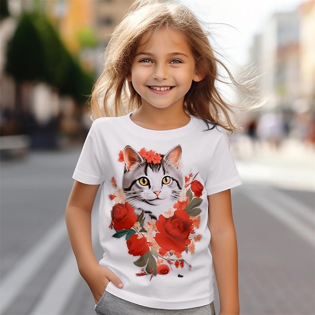  Voor meisjes 3D Kat T-shirt Overhemden Korte mouw 3D-afdrukken Zomer Actief Modieus leuke Style Polyester Kinderen 3-12 jaar Strakke ronde hals Buiten Casual Dagelijks Normale pasvorm