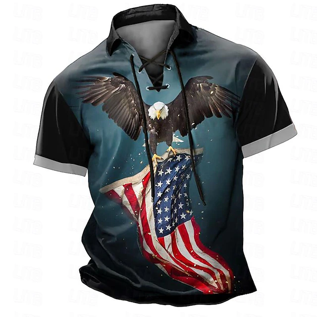 Men's Eagle American Flag Polo Shirts Golf Polos Shirts Short Sleeve Polo Shirts Lace Up Neck Vintage Outdoor Daily Wear Streetwear 3D Print Summer Red Blue4