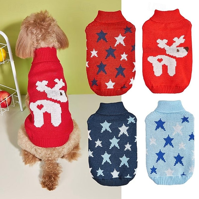  Winterkleidung für Haustiere, gestrickt, um warm zu bleiben, mit kontrastierenden Farben, fünfzackiger Stern, Liebeshundemuster, Flip-Kragen, Bixiong-Bomei-Pullover