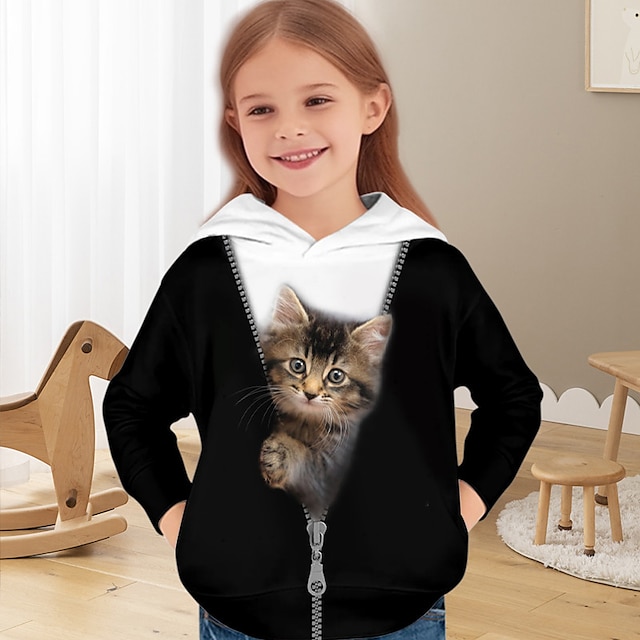  Flickor 3D Katt Huvtröja Pullover Långärmad 3D-tryck Vår Höst Aktiv Mode söt stil Polyester Barn 3-12 år Huva Utomhus Ledigt Dagligen Normal