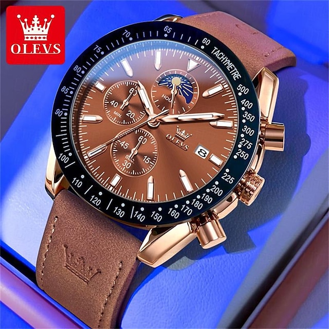  OLEVS Men Quartz Watch Luxury Large Dial Moon phase Luminous Calendar Chronograph PU Leather Watch